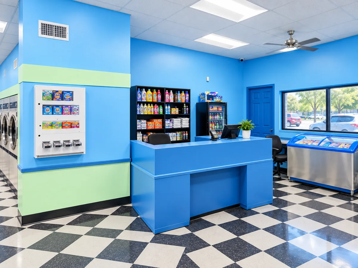 Clean laundromat service counter and convenience area