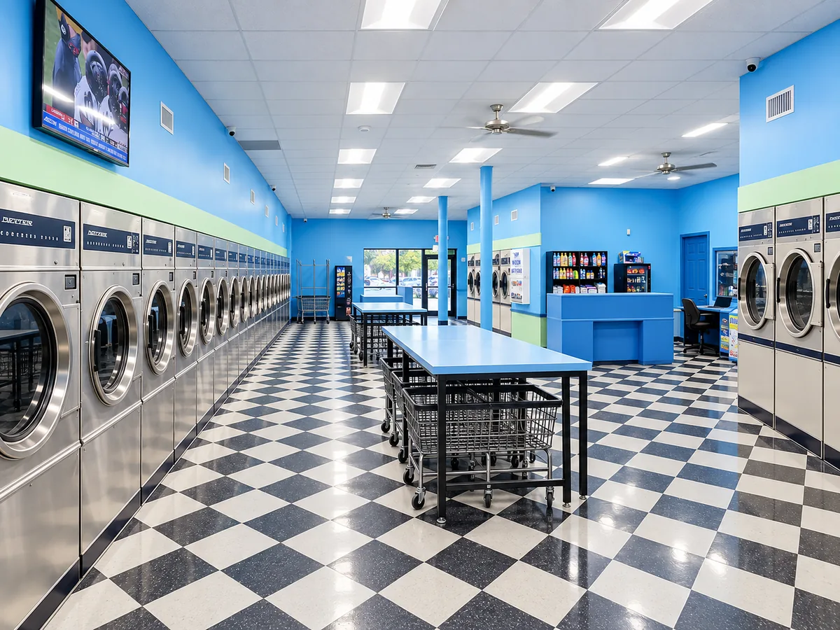 Bright modern laundromat interior inspired by Friend's Washateria