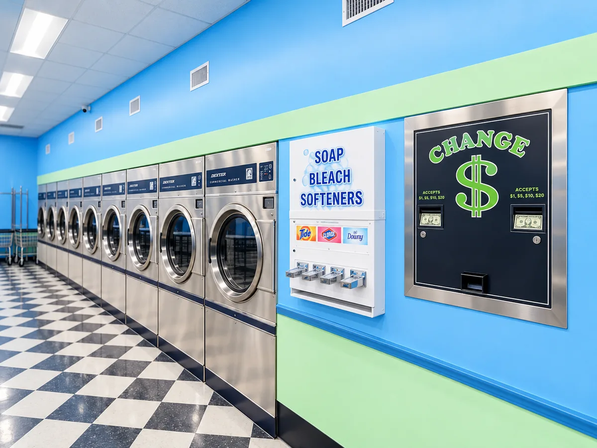 Laundry supply and change area beside commercial machines